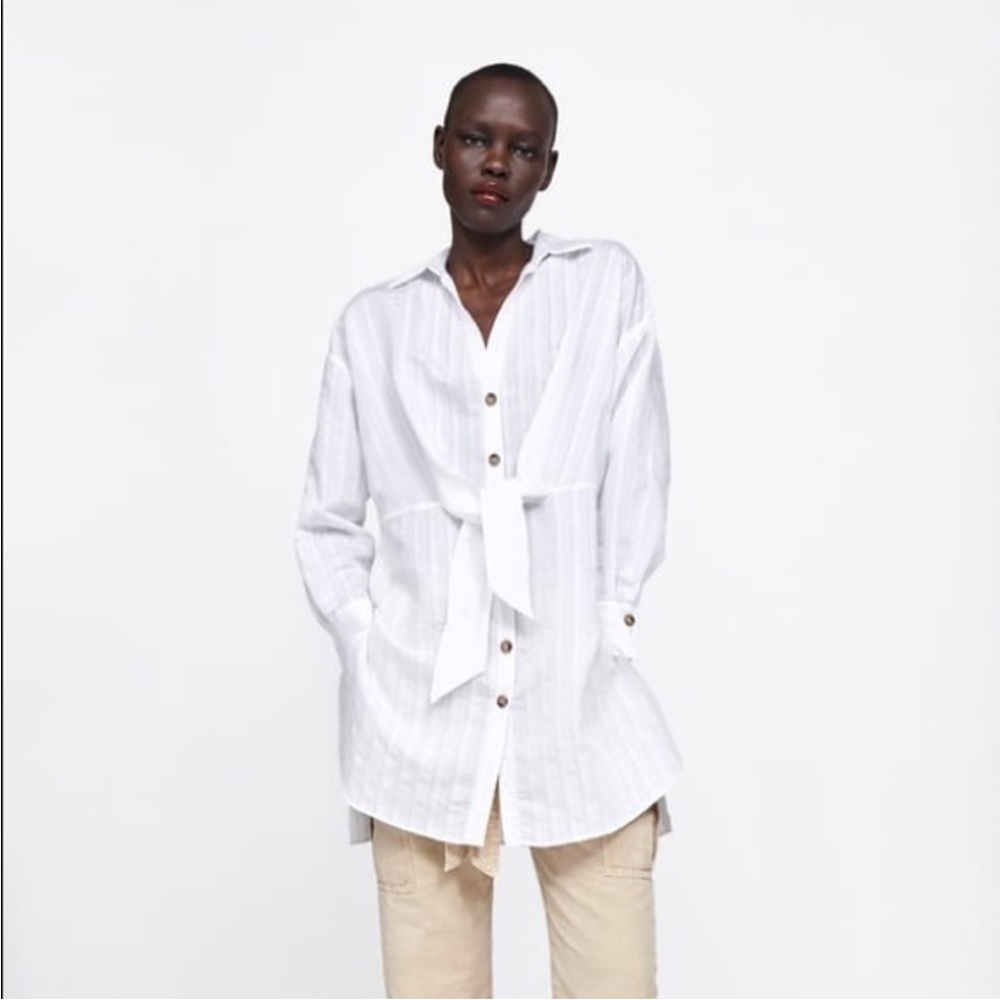 Zara White stripe Long Sleeve Button down Front Shirt Waist Tie cinch